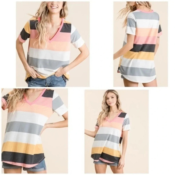 NWT bibi boutique Coral Striped French Terry V-Neck Top - Picture 5 of 12
